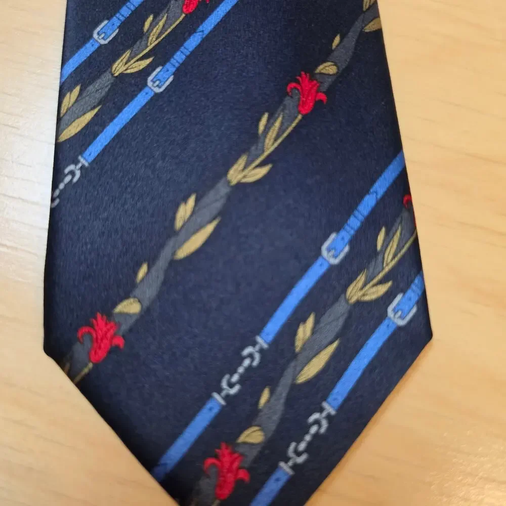 Lot of 2 Vintage 100% Italian Silk Ties Red Floral & Navy Blue Geometric Stripe